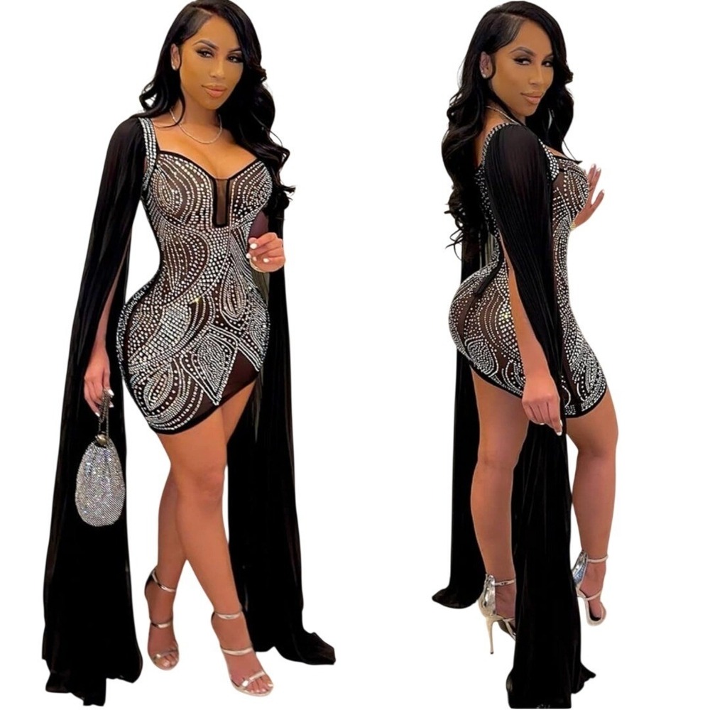 Lrady Dress Set Women XL Black Mesh Rhinestone Bodycon Mini Duster Cape Sleeve